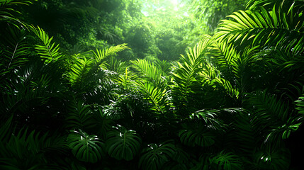 Obraz premium Lush Green Forest Canopy with Sunlight Filtering Through Dense Leaves in a Tropical Setting