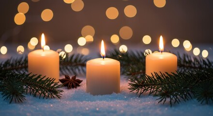 A cozy and festive scene with three glowing candles placed on snow surrounded by evergreen branches