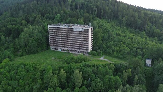 Abandoned hotel ior hospital n forested area