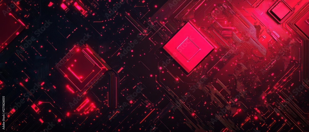 Poster abstract digital background featuring glowing red geometric shapes with a dark backdrop and scattere