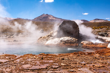 Tatio Geyser, Atacama Desert, Chile. Geyser steam in the desert.