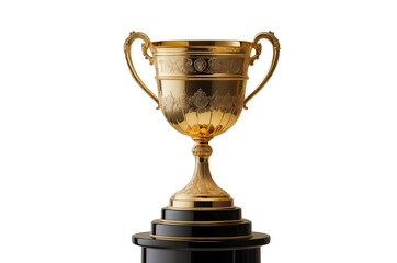Majestic Gold Trophy Cup with Intricate Etchings on a Polished Black Pedestal, Radiating Excellence and Luxury with a Metallic Glow Against a white Background copy space