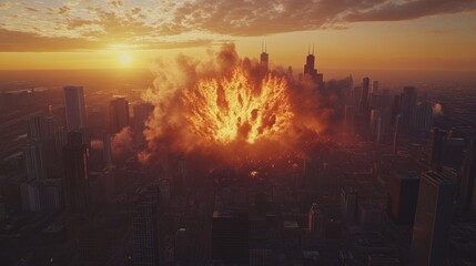 Obraz premium Spectacular explosion lights up the Chicago skyline at dusk, casting fiery reflections on the towering buildings