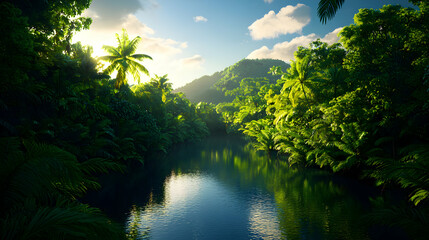 Fototapeta premium Lush Green Tropical Forest with River Reflecting Sunlight and Sky