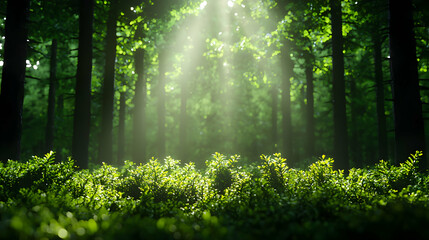 Fototapeta premium Sunlight Streaming Through Dense Green Forest Canopy in Tranquil Setting