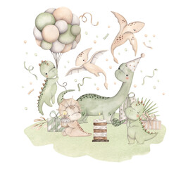 Dinosaurs Birthday Party. Watercolor hand-drawn illustration with little dinosauros, tropical plants, balloons, gifts and confetti.