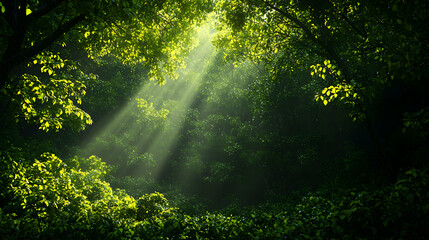 Fototapeta premium Sunlight Streaming Through Green Forest Canopy Creating an Ethereal Atmosphere in Vibrant Green