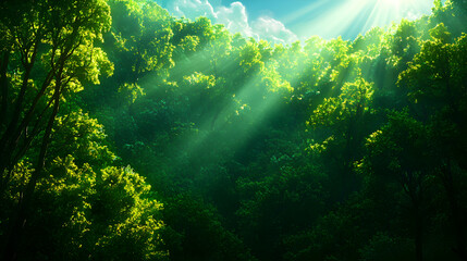 Obraz premium Sunlight Streaming Through Green Forest Canopy Creating a Lush Serene Scene