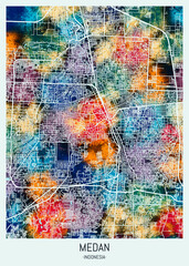 Medan Indonesia Map, background downtown, urban modern colorful, bright graphic design, abstract travel art, new business district, urban artistic detail, paint border downtown