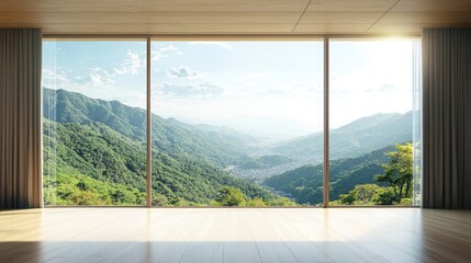 Naklejka premium A large, open concrete space with tall glass windows overlooking trees and grass. Sunlight shines through the windows