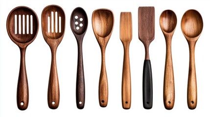 Set of wooden cooking utensils isolated on white background. Generative AI
