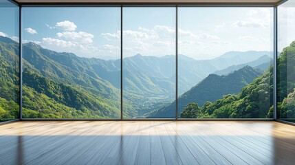 Naklejka premium A large, open concrete space with tall glass windows overlooking trees and grass. Sunlight shines through the windows