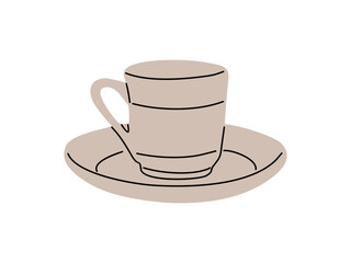 Morning coffee cup with hot freshly brewed espresso or americano. Mug of aromatic caffeine drink with saucer. Simple flat vector illustration isolated