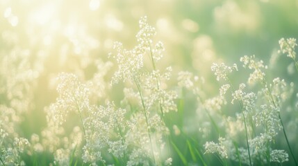 Soft Sunlit Meadow with Delicate White Flowers in Warm Light
