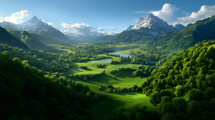 Fototapeta premium Lush Green Valley Landscape with Snowy Mountain Peaks Under Blue Sky and Scattered Clouds in Bright Sunlight