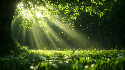 Fototapeta premium Sunlight Streaming Through Leaves in Lush Green Forest Scene