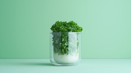 A clear glass brimming with a vibrant kale and banana smoothie blended to perfection with almond milk, set against a minimalist solid colored backdrop. The smooth texture and bright color invite