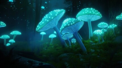 Bioluminescent mushrooms illuminate enchanted forest nature photography dreamy atmosphere nighttime wonder