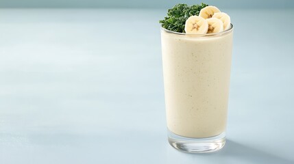 A clear glass brimming with a vibrant kale and banana smoothie blended to perfection with almond milk, set against a minimalist solid colored backdrop. The smooth texture and bright color invite