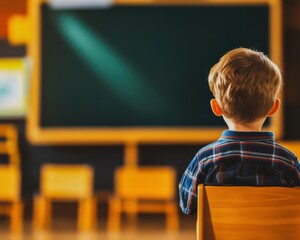 A boy is sitting in a chair in front of a blackboard. The blackboard is empty