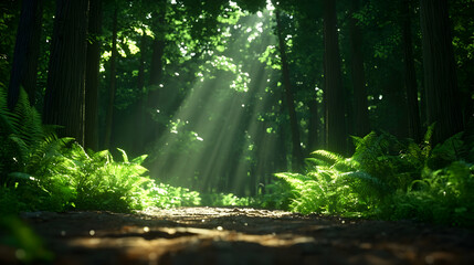 Obraz premium Sunlight Streaming Through Verdant Forest Path With Bright Green Ferns and Tall Trees in Summer Day