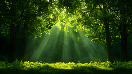 Fototapeta premium Sunlight Streaming Through Verdant Forest Canopy with Lush Greenery and Sun Rays Creating a Tranquil Scene