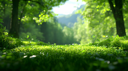 Fototapeta premium Lush Green Forest Landscape with Sunlight Filtering Through Trees on Vibrant Grassy Ground