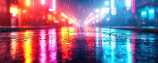 Acid rain climate change idea. Vibrant city scene with neon lights reflecting on wet pavement in the rain.