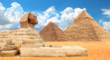 Famous Great Sphinx and pyramids of Chephren, Cheops, Menkaure, Cairo, Egypt. Great Pyramids and...