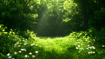 Fototapeta premium Lush Green Forest Meadow Bathed in Golden Sunlight with White Flowers and a Winding Path