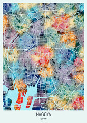 Obraz premium Nagoya Japan Map, background downtown, urban modern colorful, bright graphic design, abstract travel art, new business district, urban artistic detail, paint border downtown