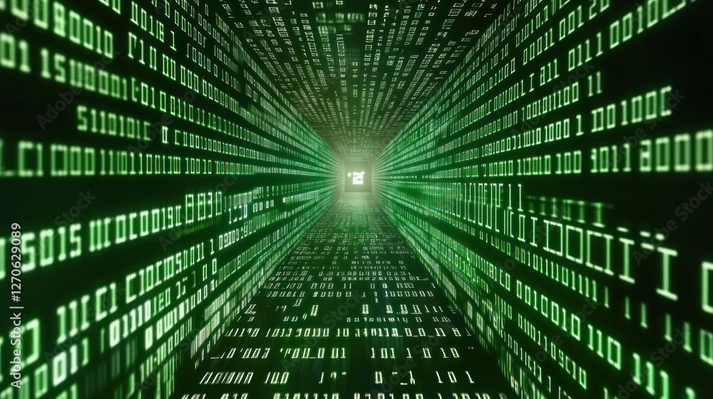 Poster green binary code tunnel with light at the end