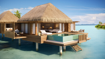 Fototapeta premium Island resort with overwater bungalow, thatched-roof house on stilts, large windows, lounging areas over turquoise waters, serene beach paradise with palm trees.