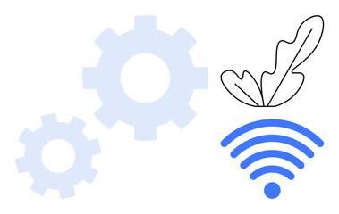 Two gears in light blue adjacent to a black outlined leaf and a blue wireless signal. Ideal for themes of innovation, connectivity, nature, technology, sustainability, green energy, modern solutions