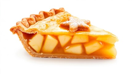 Apple pie slice with caramelized filling and star-shaped crust on white background. Generative AI