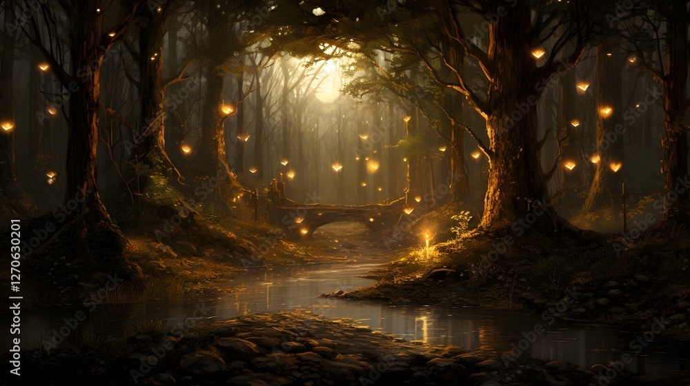 Poster mesmerizing scene of a glowing firefly lit forest bathed in the soft ethereal light of twilight crea