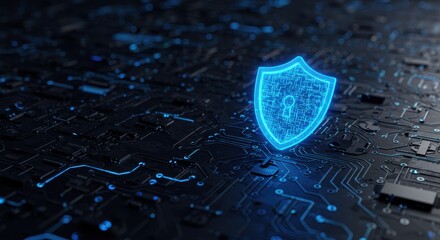 A glowing shield icon representing security embedded in a network of digital circuitry