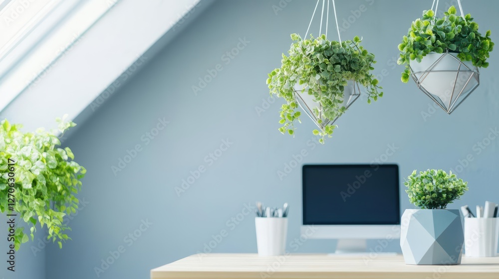 Aufkleber bright and inviting workspace featuring a modern computer surrounded by lush green plant pots creati