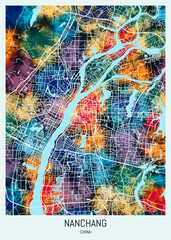 Nanchang China Map, background downtown, urban modern colorful, bright graphic design, abstract travel art, new business district, urban artistic detail, paint border downtown