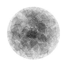 Circle filled with stroke texture. Plumbago. Different shades of gray. Inside the circle is darker, towards the edges it becomes lighter. Strokes in different directions, intersect. White background.