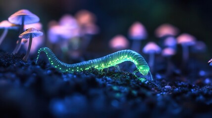 Bioluminescent caterpillar crawling among magic mushrooms enchanted forest macro photography nighttime nature wonder
