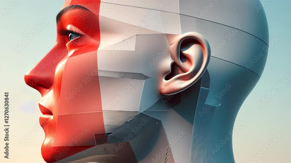 Poster a woman's face is shown in a computer generated image with a red and blue pattern. the image has a f
