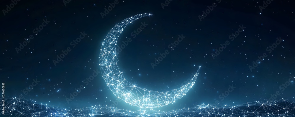 Poster illuminated crescent moon consists of interconnected dots and lines