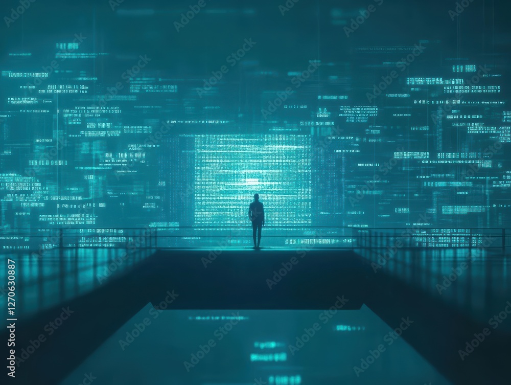 Poster a contemplative man gazing at a massive screen displaying flowing binary code evoking a sense of tec