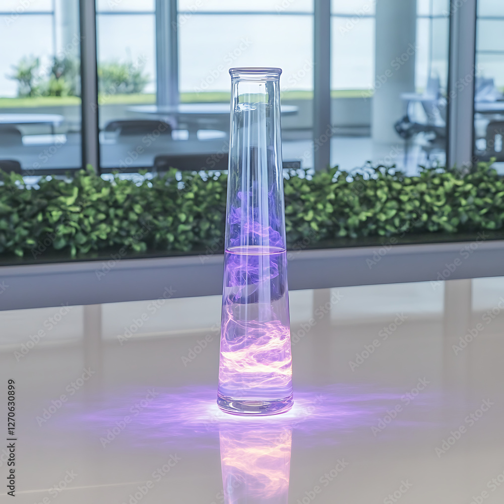 Poster ethereal fluid display in clear glass container illuminated with spectral light on reflective surfac