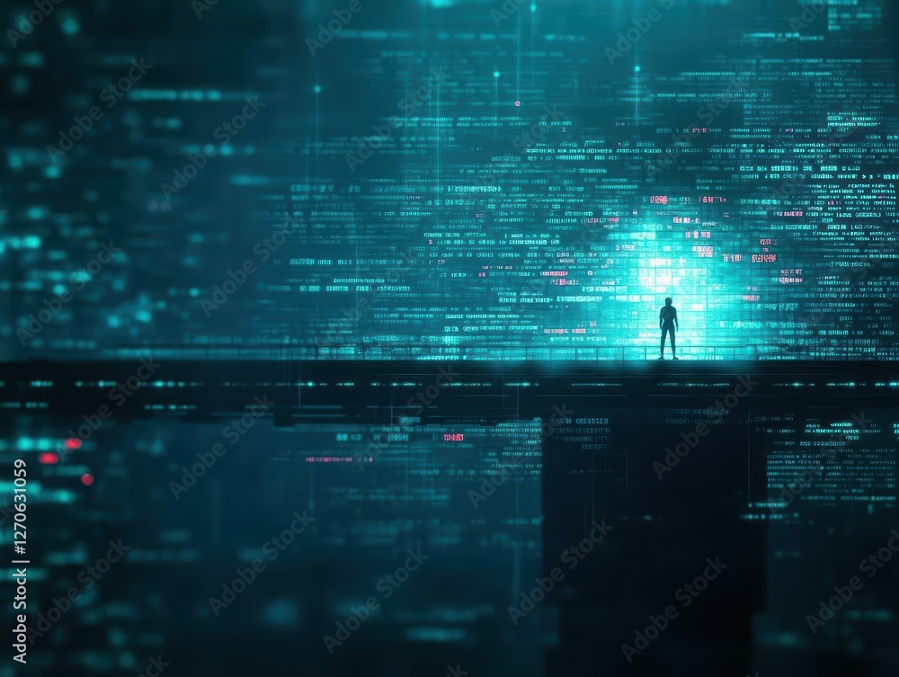 Aufkleber a contemplative man stands on a bridge surrounded by cascading streams of binary code symbolizing th