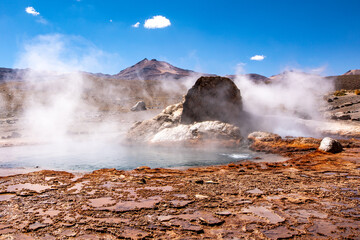 Tatio Geyser, Atacama Desert, Chile. Geyser steam in the desert.