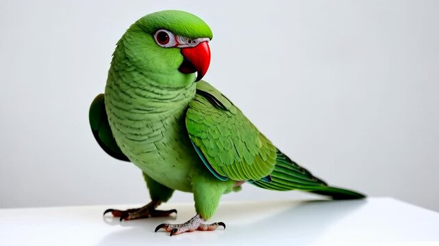 A green parrot is standing on a white background. The bird is looking to the right. The image has a calm and peaceful mood