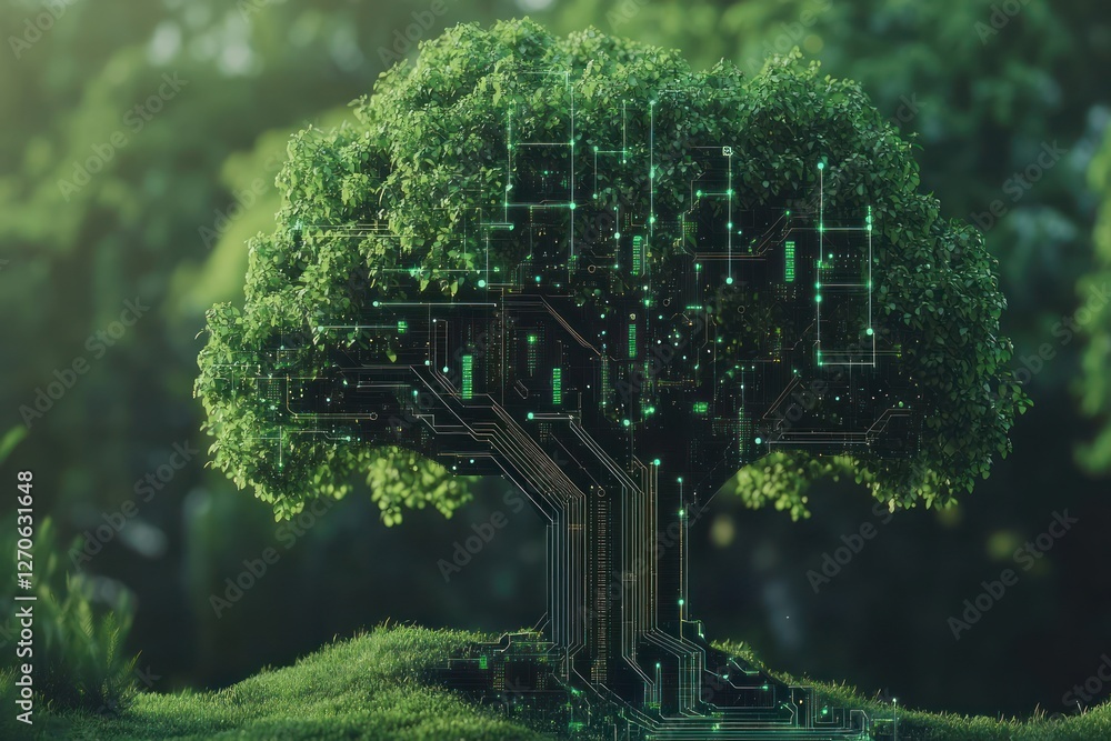 Poster digital tree with circuit patterns in lush forest