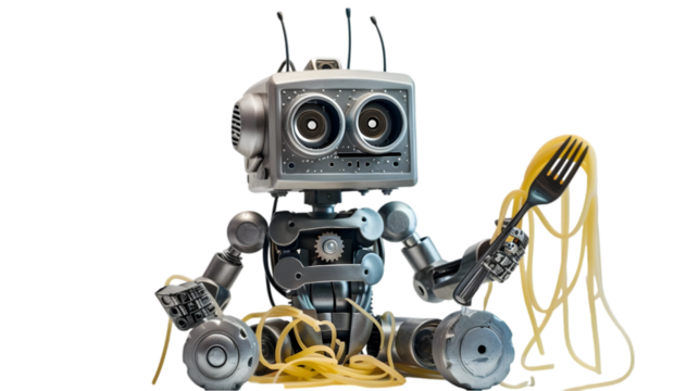 Cute robot eating spaghetti, digital art, dark background, food tech concept